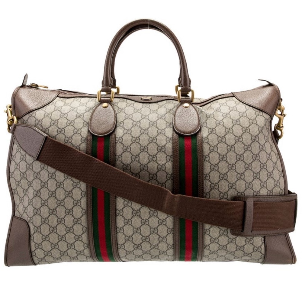 Gucci Beige and Brown Duffel Bag with Green and Red Stripes